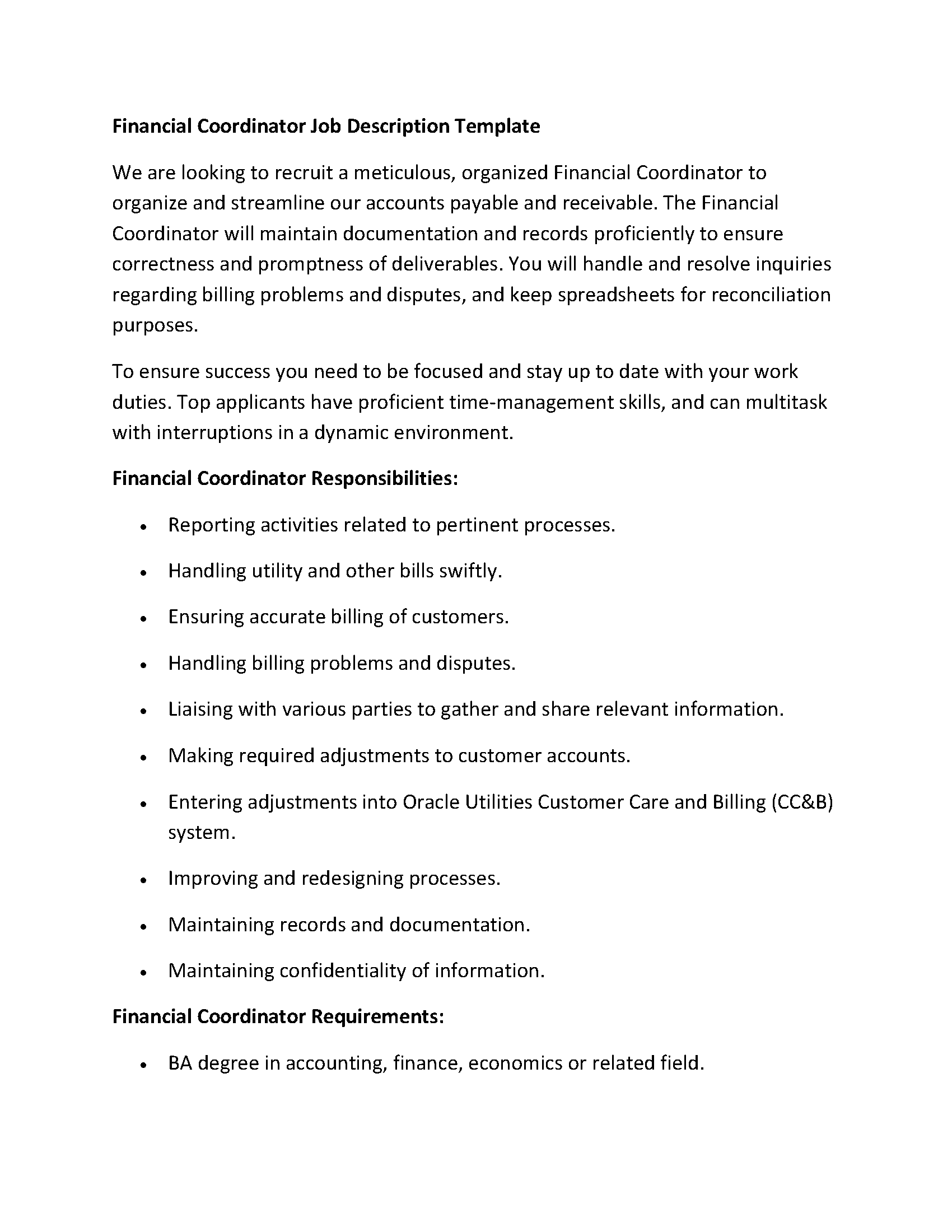 Financial Coordinator Job Description Template